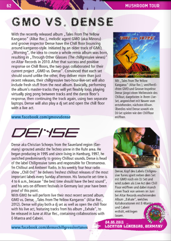 Article about GMO vs. Dense and Dense himself in Mushroom Magazine in March 2013 due to their performances at Mushroom Magazine Tour 2013.